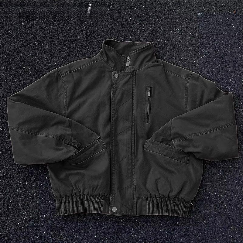 Unisex Khaki Wide Bomber Jacket: American-Style, Stand Collar, Distressed Workwear 