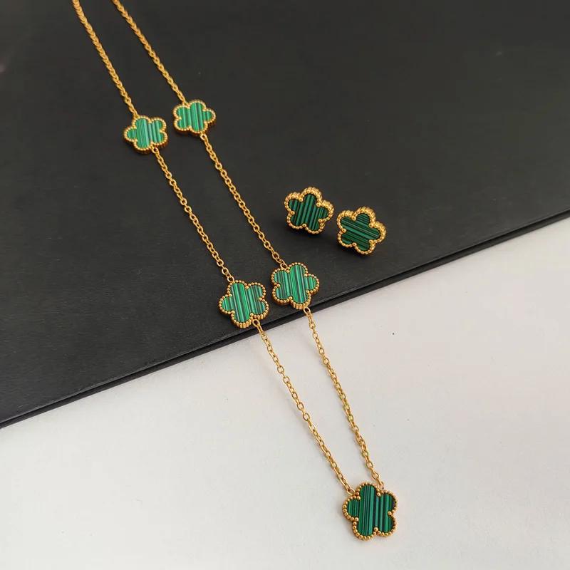 Double-sided Plant  Flower Necklace Earrings Zircon Set for Women Stainless Steel Water Proof Clover Zircon Gifts