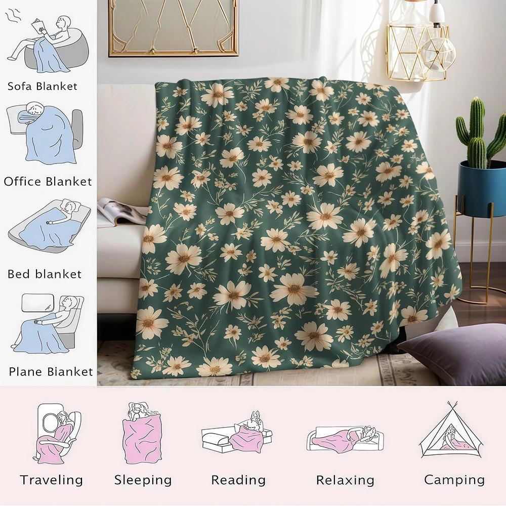 Small green flower pattern Flannel Blanket Warm Soft Halloween Christmas Couch Warm Cozy Decorative Decor Gift for All Season