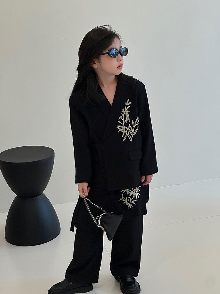 2025 Autumn Girls' Bamboo Leaf Embroidered Suit Dress - New Chinese Style