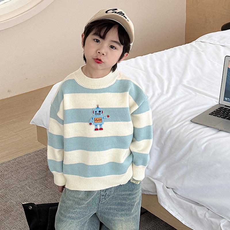 

Children s Autumn Striped Cartoon Round Neck Sweater 110 cm