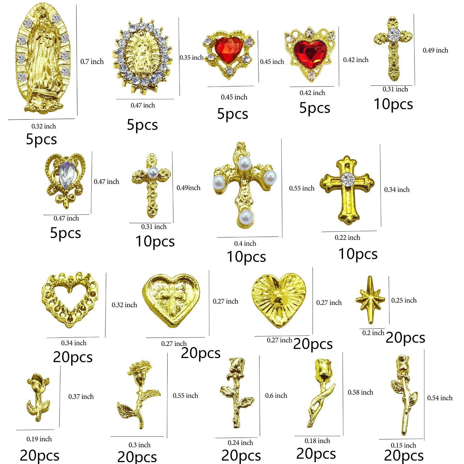 

Набор из 72 золотых подвесок для ногтей с золотым крестом, сердцами, розой и Девой Марией - хромированные украшения для ногтей Y2K 3D