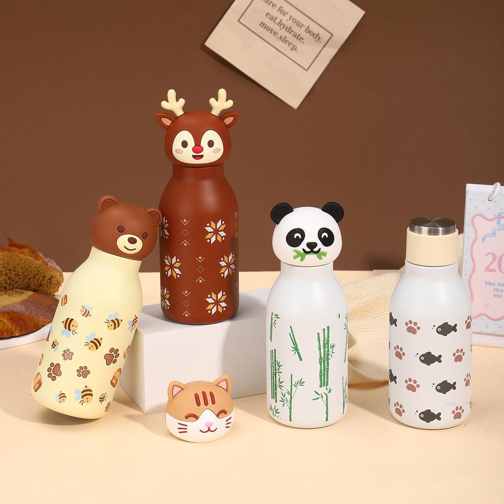 Cute Kids Bottle Silicone Animal Lid Double Wall Insulated Vacuum Stainless Steel Water Bottler Flask