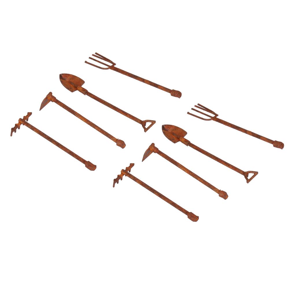 1:12 Maßstab Puppenhaus Gartengeräte Miniatur Rostige Metallschaufel Hacke und Mistgabel Set für Gartenlandschaft 4 Werkzeuge