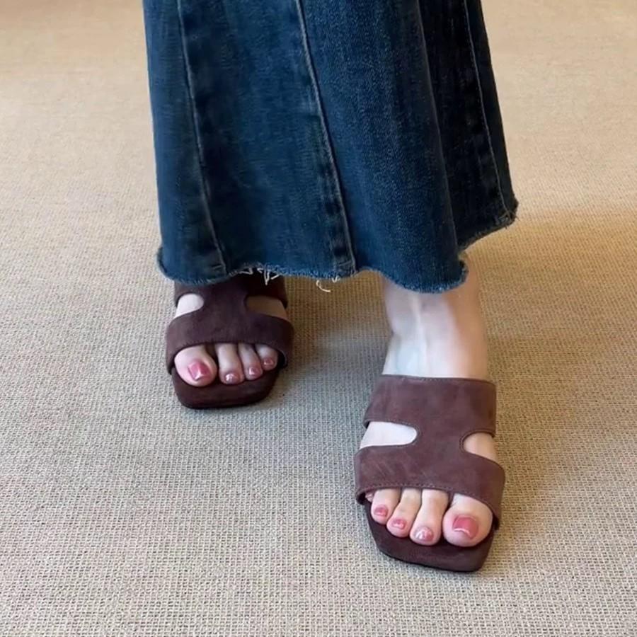Sheepskin version~ Simple niche suede open-toed slippers for women's outer wear 2025 summer medium heel wedge cool slippers