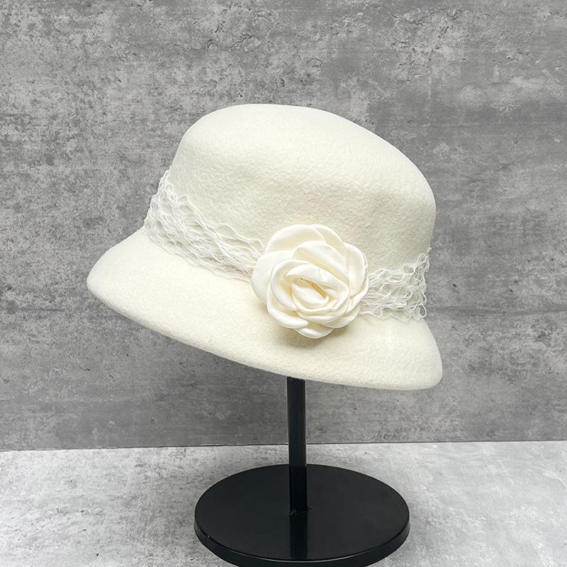 Lace Flower Ornament Textured Top Hat Socialite Woolen Hat Temperament Warm Bucket Hat
