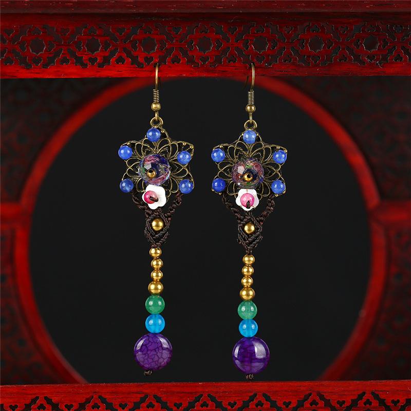 Handmade Classical Jade Fringed Earrings, Retro Female Long Style Temperament Agate Shell Antique Earrings, Earrings.