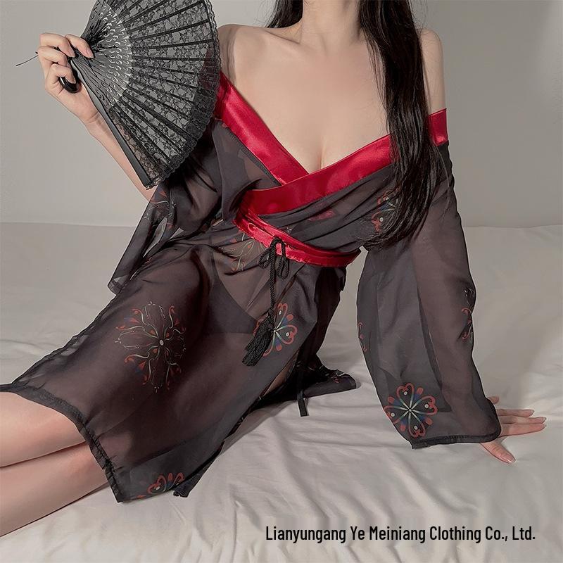 Vintage Lace See-Through Lingerie with Tie-Up Bib - Hanfu Nightgown and Sleep Skirt