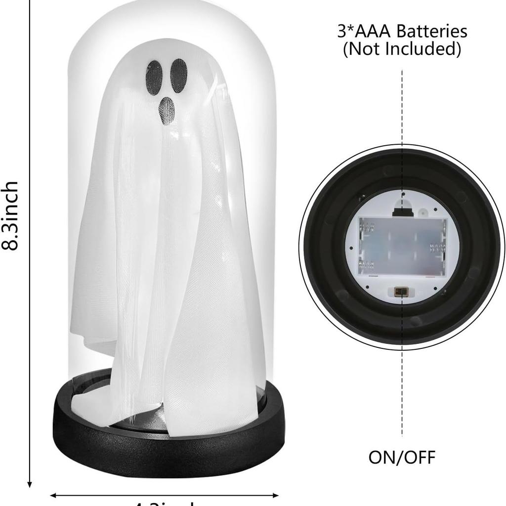 Halloween Decorations Indoor, Lighted Ghost in Glass Dome Cloche, Cute Spooky Halloween Ghost Decor for Tabletop Mantel Display