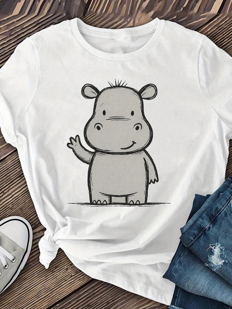 Cute Hippopotamus Lady Short-sleeved, Women's Clothing, Summer Women's Clothing, Casual Short-sleeved Round-neck Top for Spring and Summer,