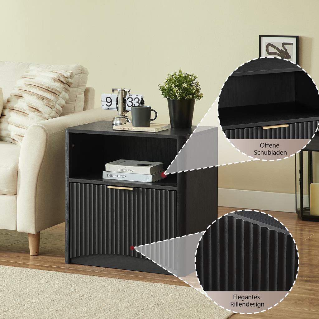 Grooved nightstand with open drawer and gold handles, space-saving, suitable for bedroom and living room, black