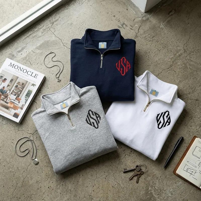 Sudadera Unisex Azul Marino Y2K con Media Cremallera Parche Bordado Bandera Americana USA Chaqueta Hombres Mujeres Moda Vintage Streetwear