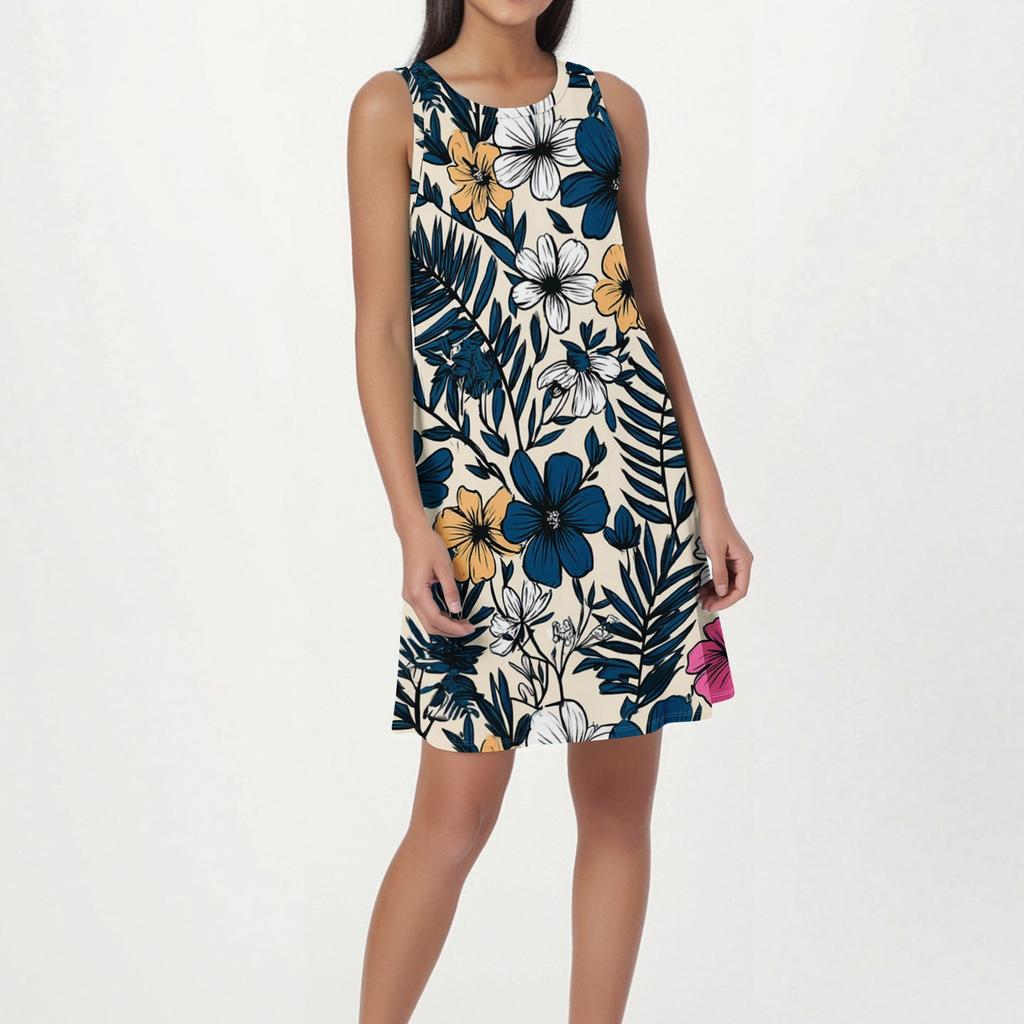 Women's Fashion Beach Dress Sleeveless Round Neck Floral Print Dress