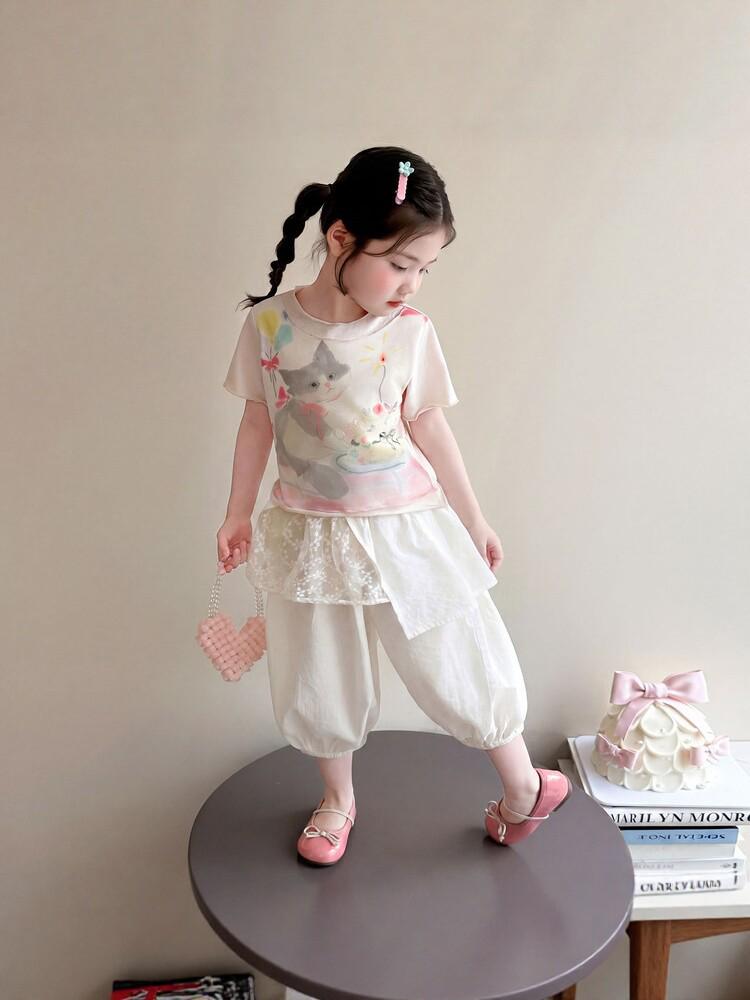 Girls' Cat Print Short Sleeve Top & Mesh Lantern Pants Two-Piece Summer Set