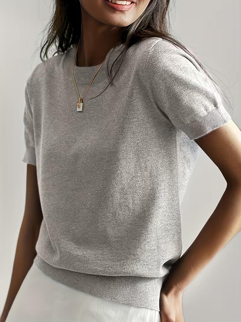 

Women Summer Solid Color Short Sleeve Knit Sweater Casual Lightweight Loose Fit Pullover Top L світло-сірого кольору
