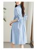 Women's Asymmetrical Pleated Shirt Dress with Waist-Slimming Design and Lantern Sleeves
