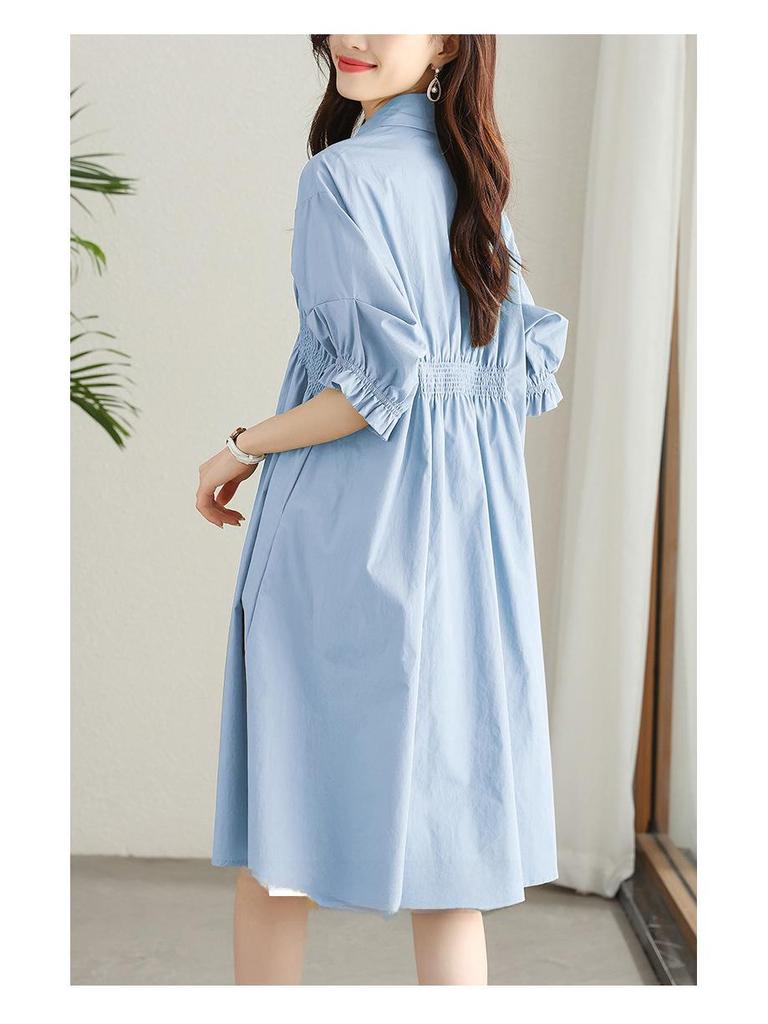 Women's Asymmetrical Pleated Shirt Dress with Waist-Slimming Design and Lantern Sleeves