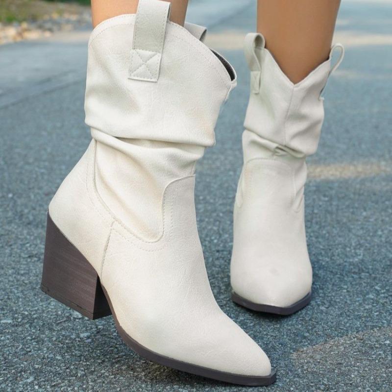 Winter New High-heeled Pleated Piled Boots Comfortable Pointed One-pedal Thin Retro Fashion Medium Tube Knight Boots Women