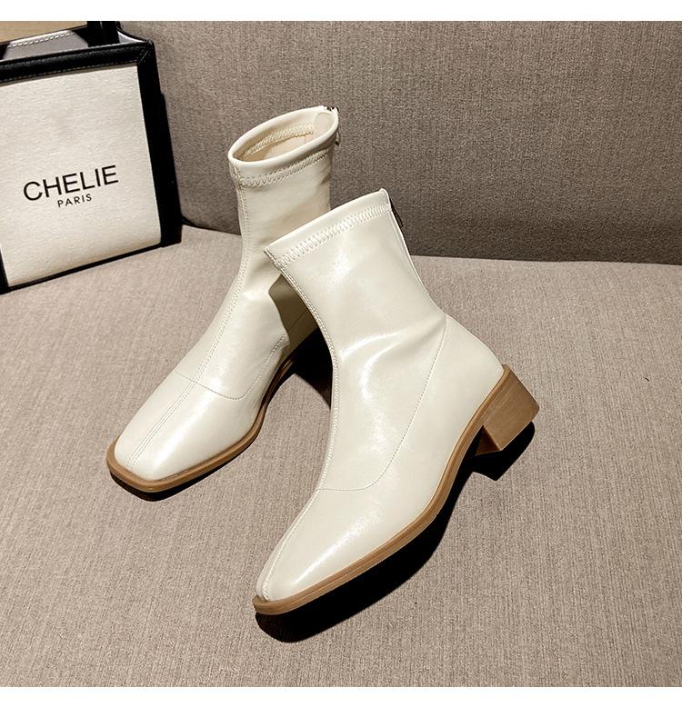 Chunky Med-High Heels Boots Women Zip Square Toe Chelsea Shoes Winter Solid Leather Botas Ankle Feminina Slim Botines Mujer