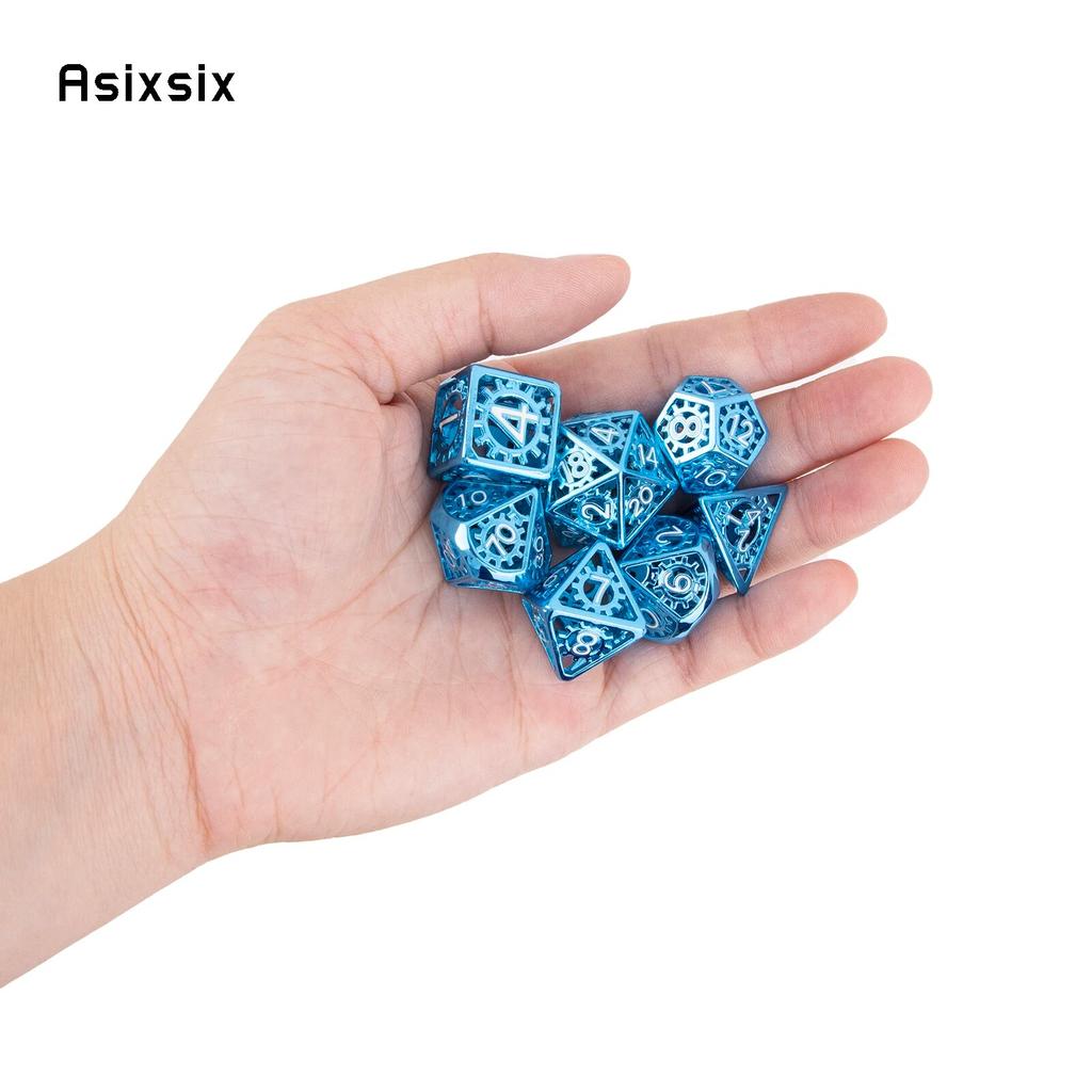 7 Pcs Blue White Gear Wheel Metal Dice Hollow Metal Polyhedral Dice Set Suitable for Role-Playing RPG  Board Game Card Game