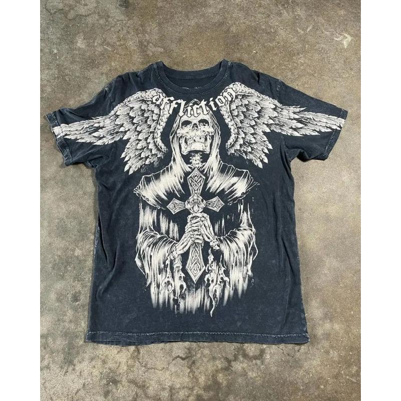 Men's Retro Punk Hip Hop Pattern Printed Breathable Hardship T-shirt New Round Neck Polyester Short Sleeve Top