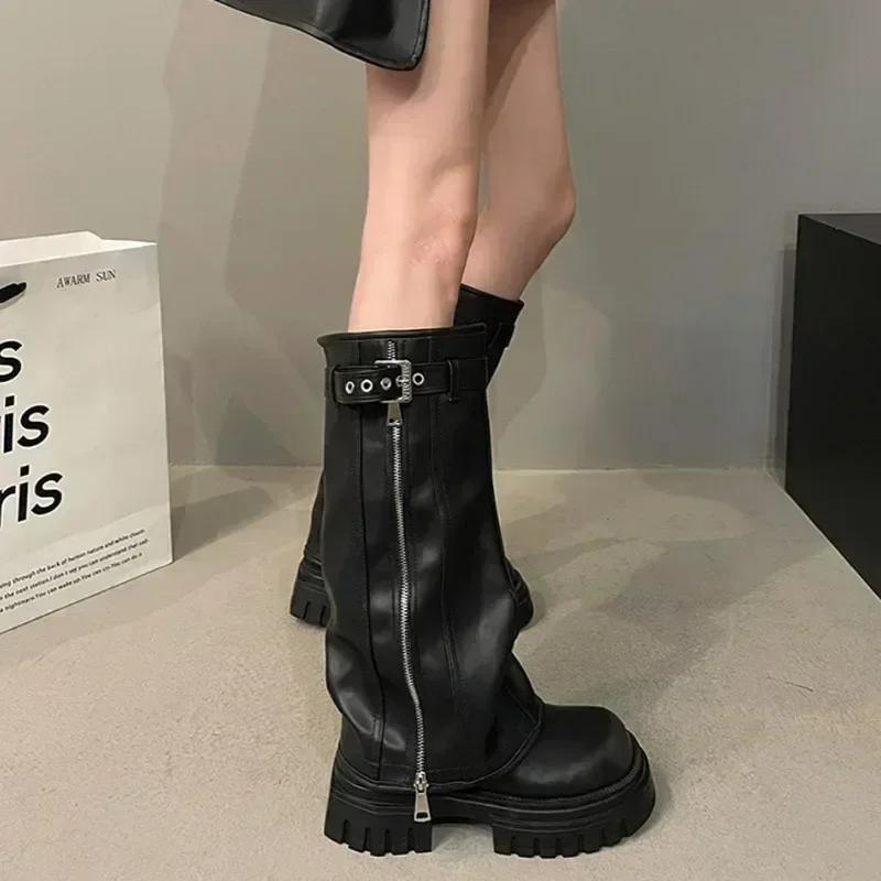 Fashion Winter Women Biker Boots Fashion Belt Buckle Ladies Elegant Platform Long Pipe Booties Casual Women's Knee High Booties