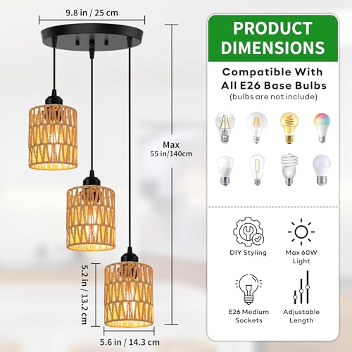 3 Light Farmhouse Pendant Lamp with Hand Woven Natural Rattan Shade  Industrial Kitchen Island Ceiling Light Fixture with E26 Base  Adjustable Height