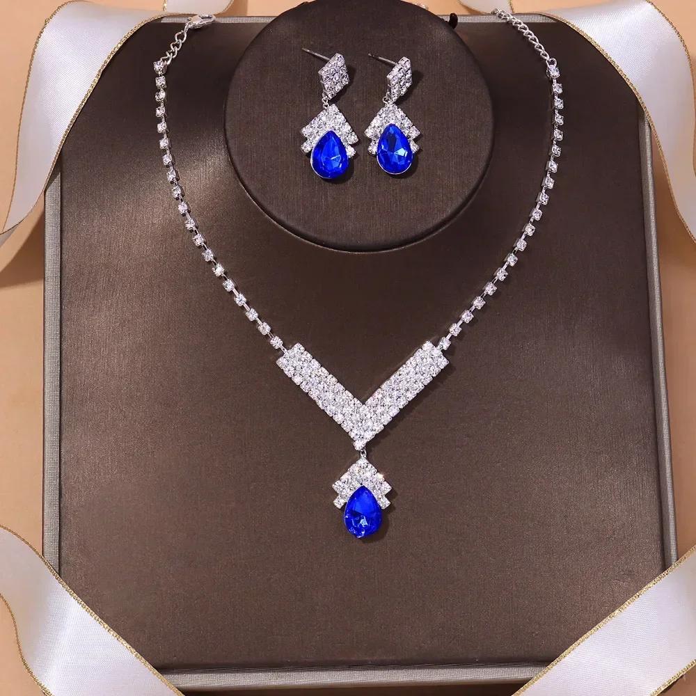 Blue Water Drop Rhinestones Necklace For Women  Inlaid Zircon Pendant Fashion Jewelry Accessory