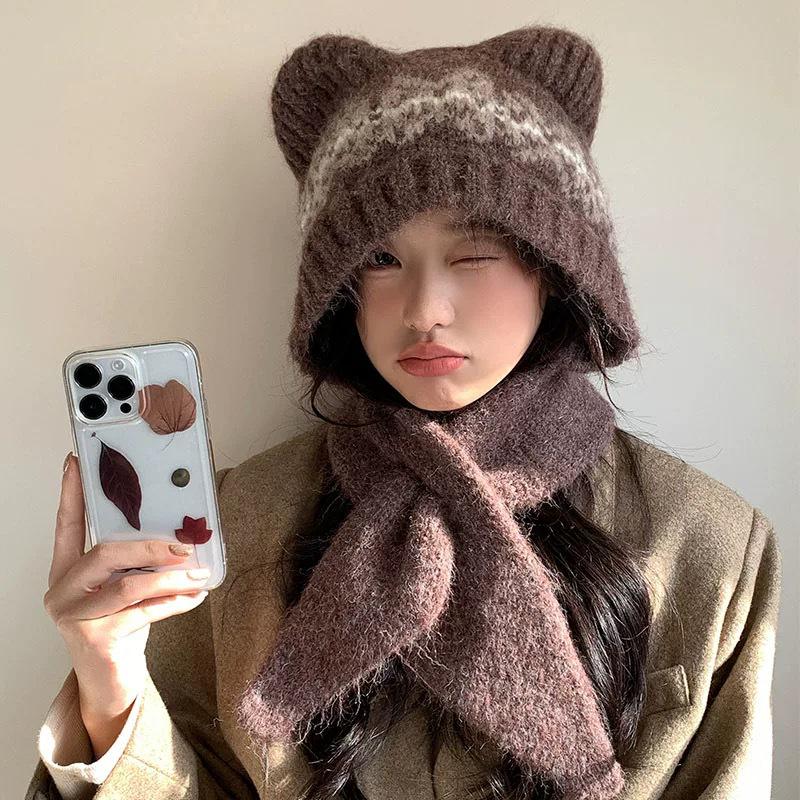 Damen Niedliches Wollmischung Bärenmütze & Schal Set - Winter Warm, Figurbetont & Gestrickt mit Ohrenklappen.