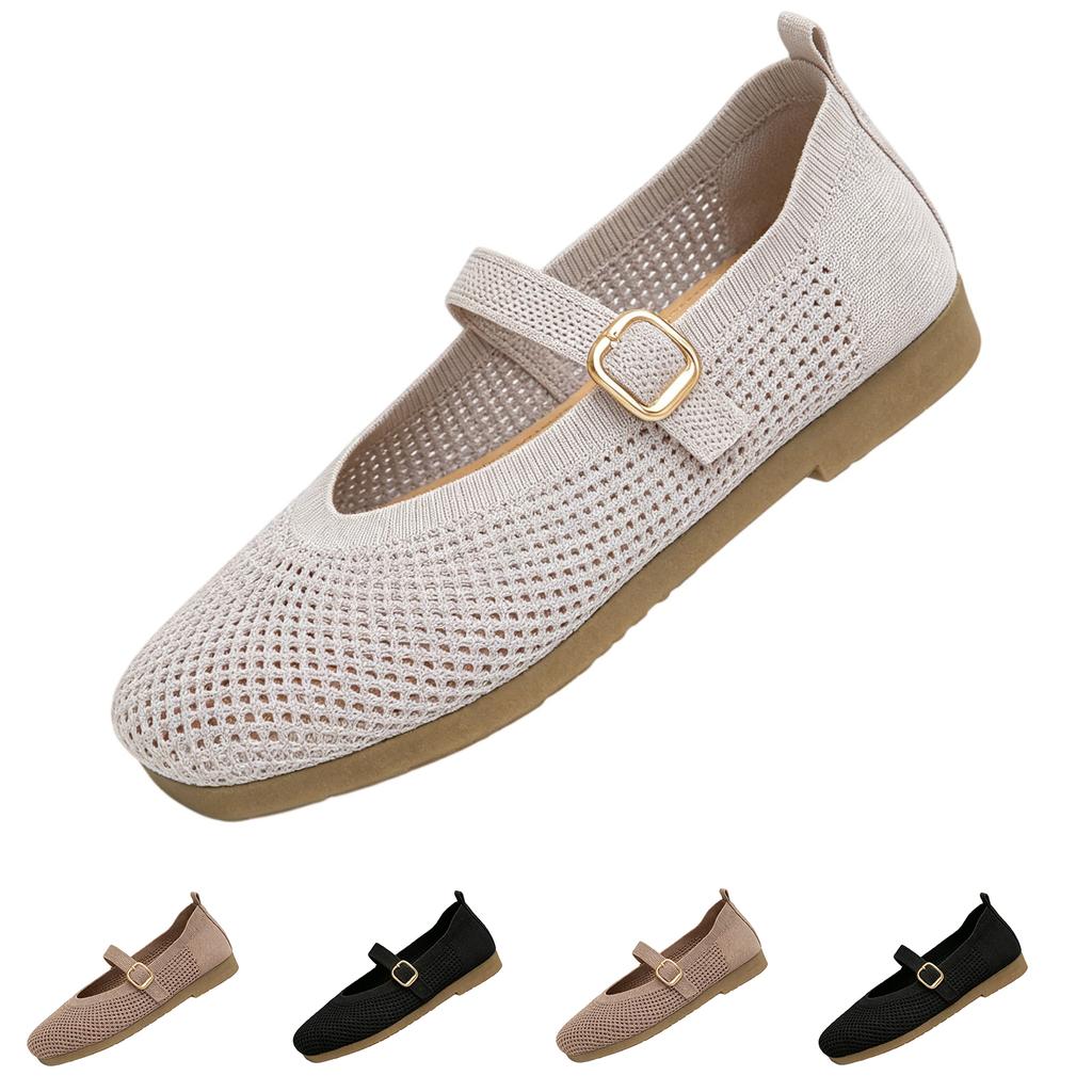 Women's Casual Flat Shoes Breathable Mesh Slip On Mary Jane Style Adjustable Buckle Strap Comfortable Walking Shoes