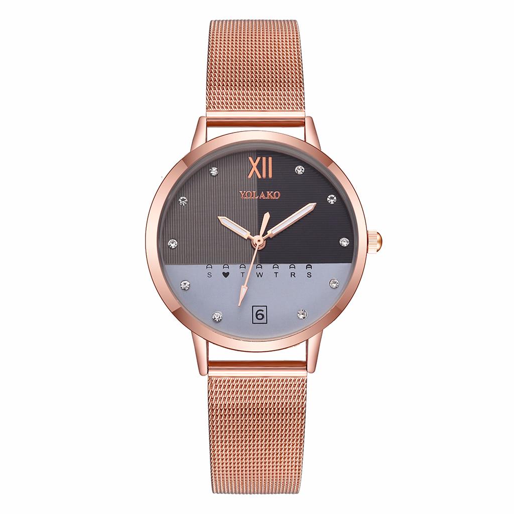Mode Frauen Rose Gold Edelstahl Mesh Gürtel Doppel Farbe Uhr Luxus Damen Quarzuhr