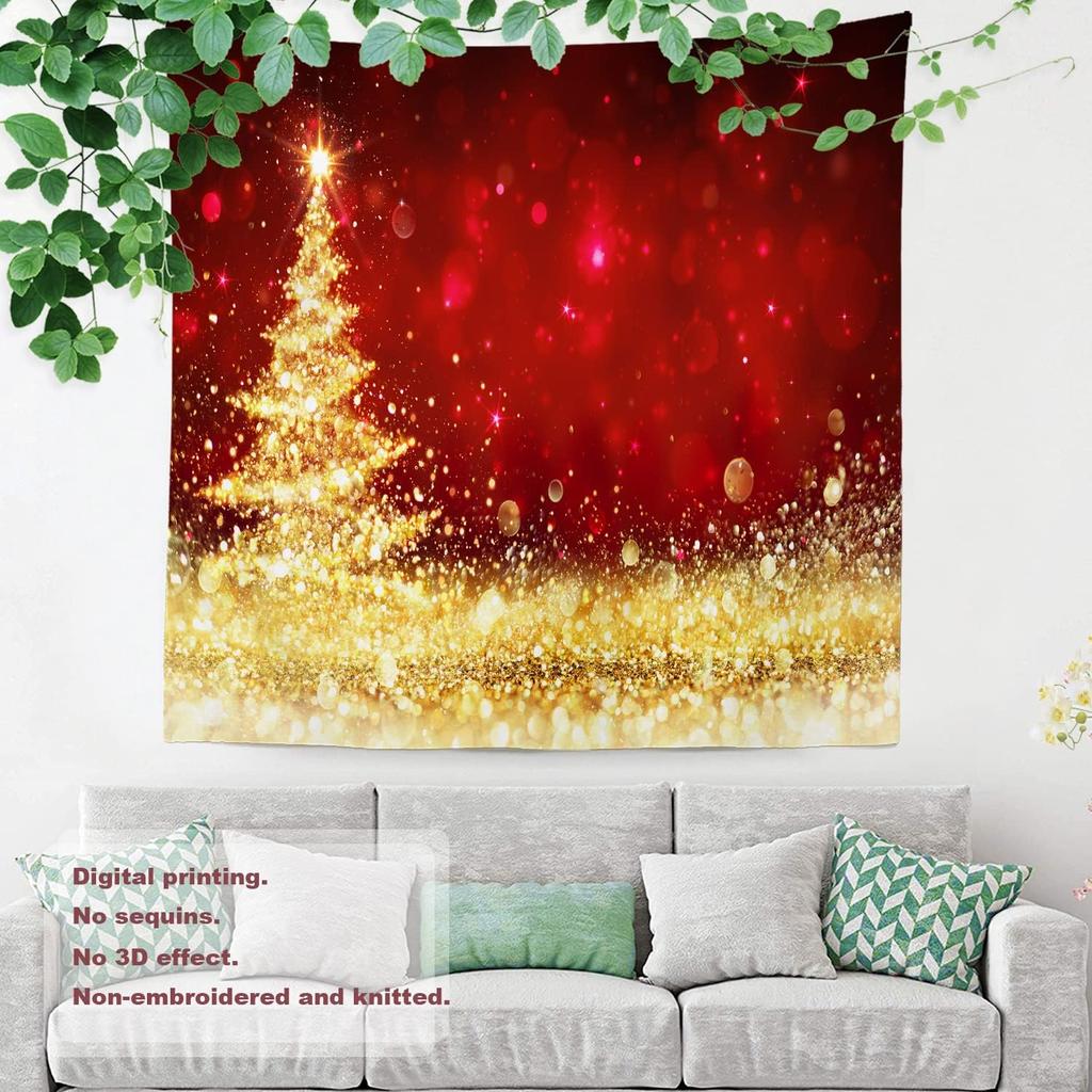 Golden Christmas Christmas Tree Wall Tapestry, Red Gold Glitter Wall Hanging Large Tapestry Decoration Polyester Fiber White Hem