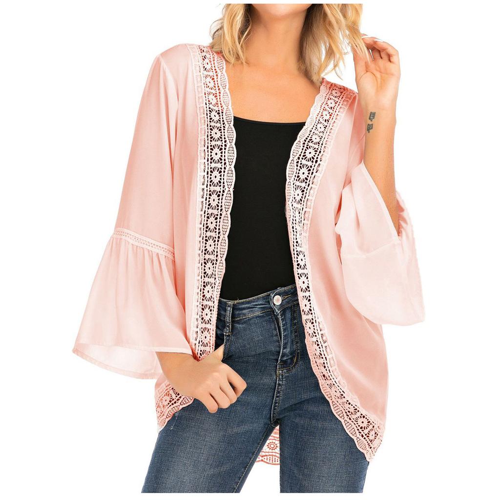 Damski casualowy koronkowy kardigan z szyfonu z długim rękawem, luźna bluzka kimono, topy