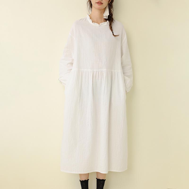 2025 Autumn Fresh Double-Layer Pure Cotton Women s Loose Solid Color Long Dress One Size белый