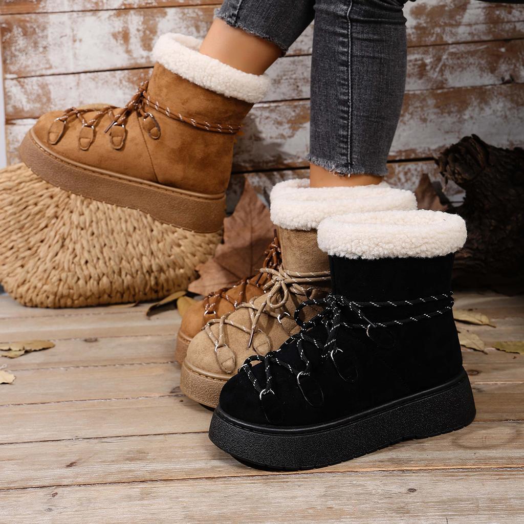 Fashion Women Snow Boots New Winter Warm Fashion Round Toe Ankle Booties Women Comfortable Soft Sole Lace-Up Bow Platform Shoes Women