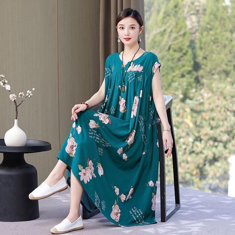 Fashion Casual Summer Dress for Women Print Loose O-Neck Cotton Women Clothing Dresses Plus Size