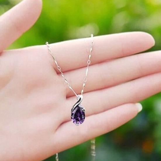 Women's Purple Zircon Teardrop Pendant Chain Choker Necklace Noble Jewelry Gift