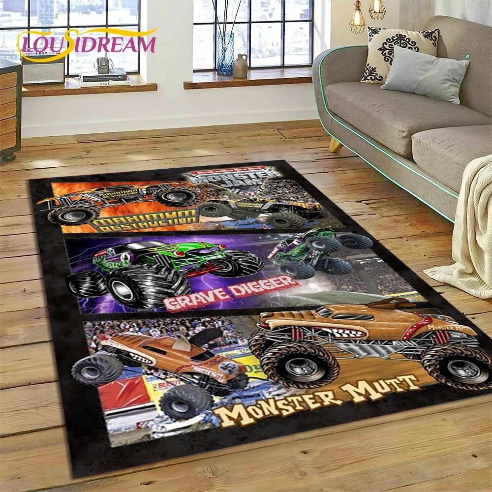 Tapete Cartoon Monster Truck Monster Jam para Sala de Estar Quarto Decoração de Casa, Tapete de Chão Antiderrapante Decoração para Sofá Capacho