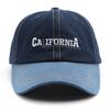 Men's baseball cap with letter embroidery, color-blocked design, and denim accents, suitable for outdoor activities, providing sun protection and