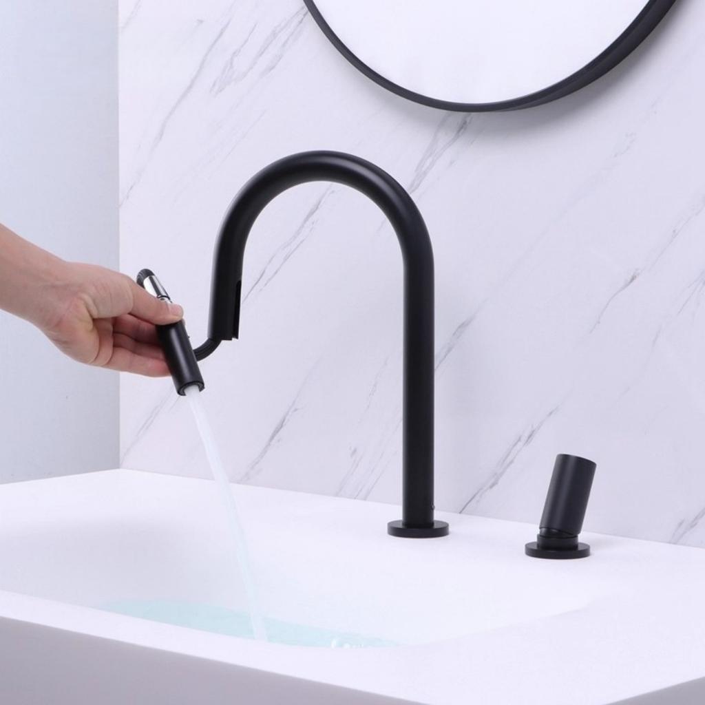 Nickel Ausziehbar Badezimmerarmatur Weitverteilte Waschbeckenarmatur Messing Spültischarmatur Ausziehbar Drehbar Auslauf Mischarmatur Heiß Kaltwasser Wasserhahn