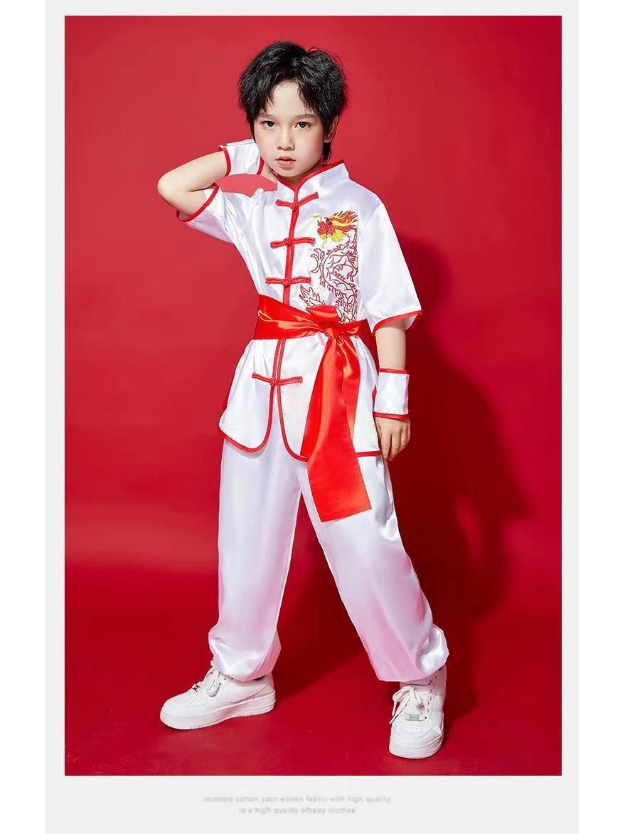 

Kids Wushu Performance Uniform: Primary School Chinese Style, Long/Short Sleeves, Boys & Girls Tai Chi Training Attire 120 cm