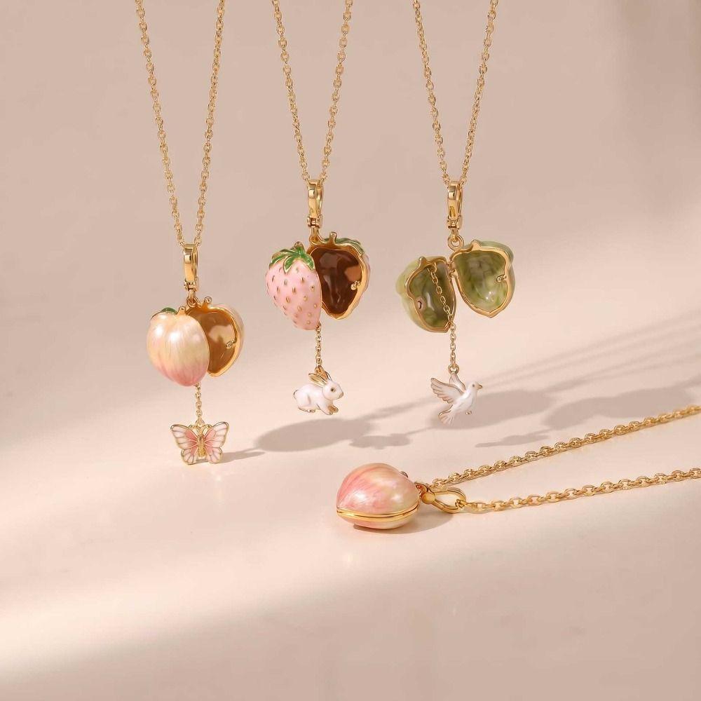 Opening and Closing Lid Locket Pendant Necklace Hidden Animal Glazed Fruit Choker  Birthday Gift