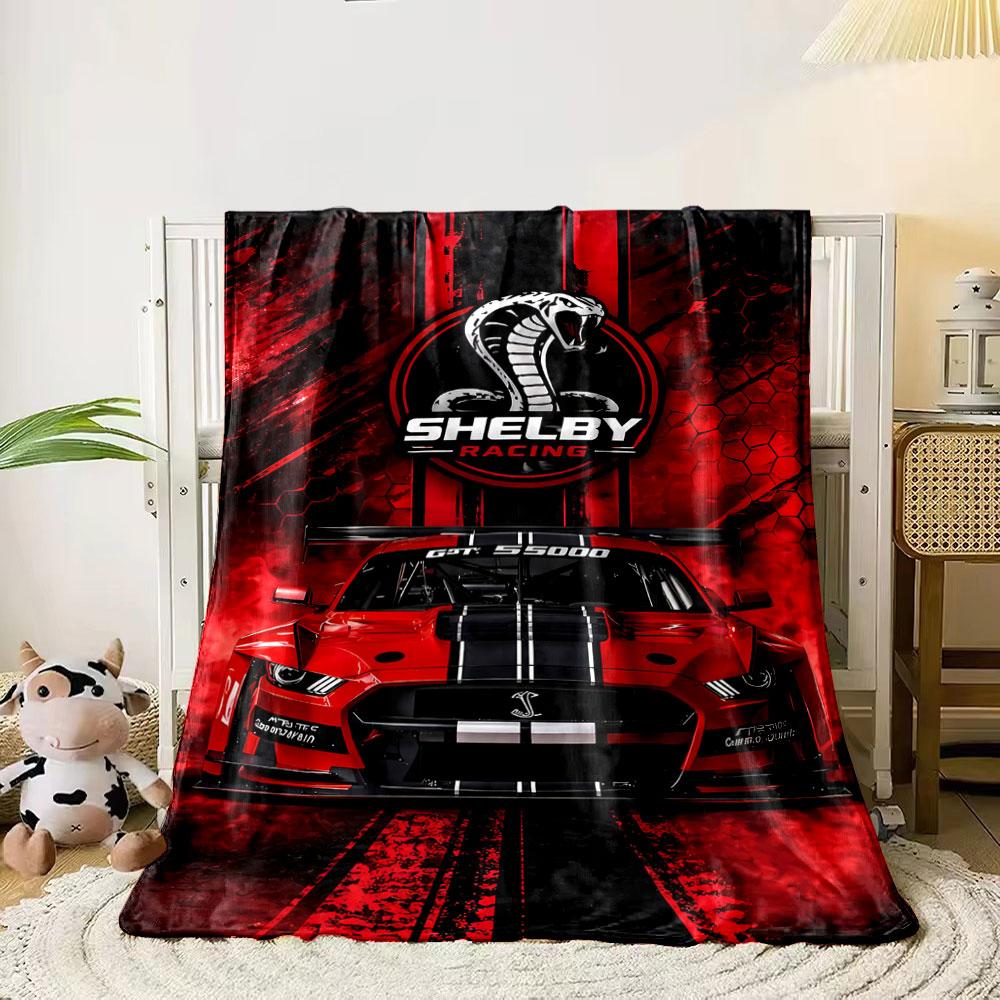 A bold red racing theme with a Shelby Cobra logo and a GT500 car. for all seasons blanket lunch break throw gift