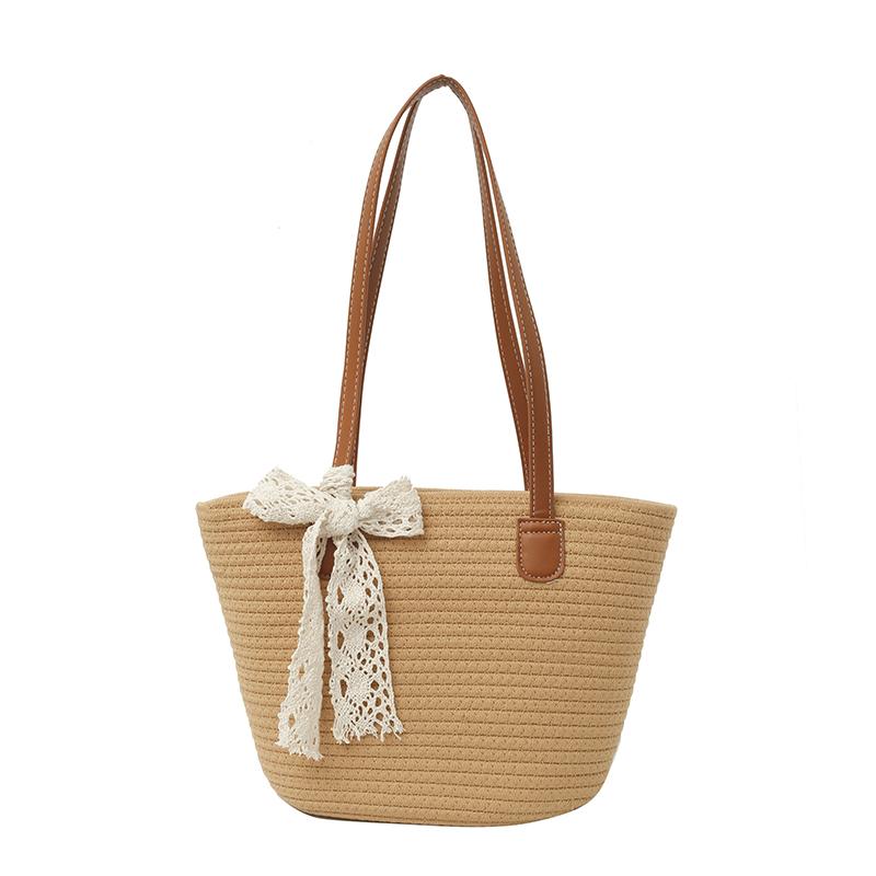

Striped Straw Tote Bag for Women Summer Beach Vacation Style with Lace Bow Detail Lightweight Casual Shoulder Handbag хаки