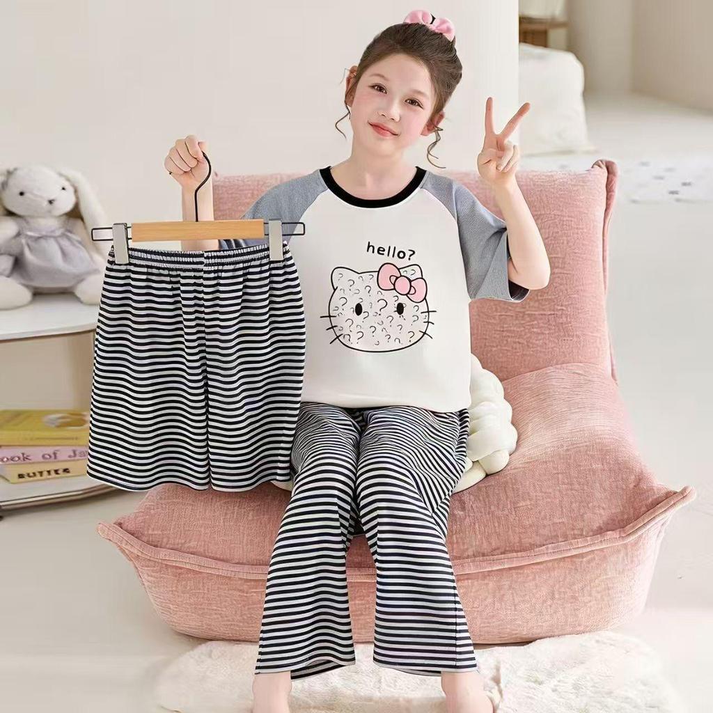 Summer Three-Piece Cartoon Pajama Set for Girls - Short Sleeve & Long Pants, Comfortable Home Wear for Kids