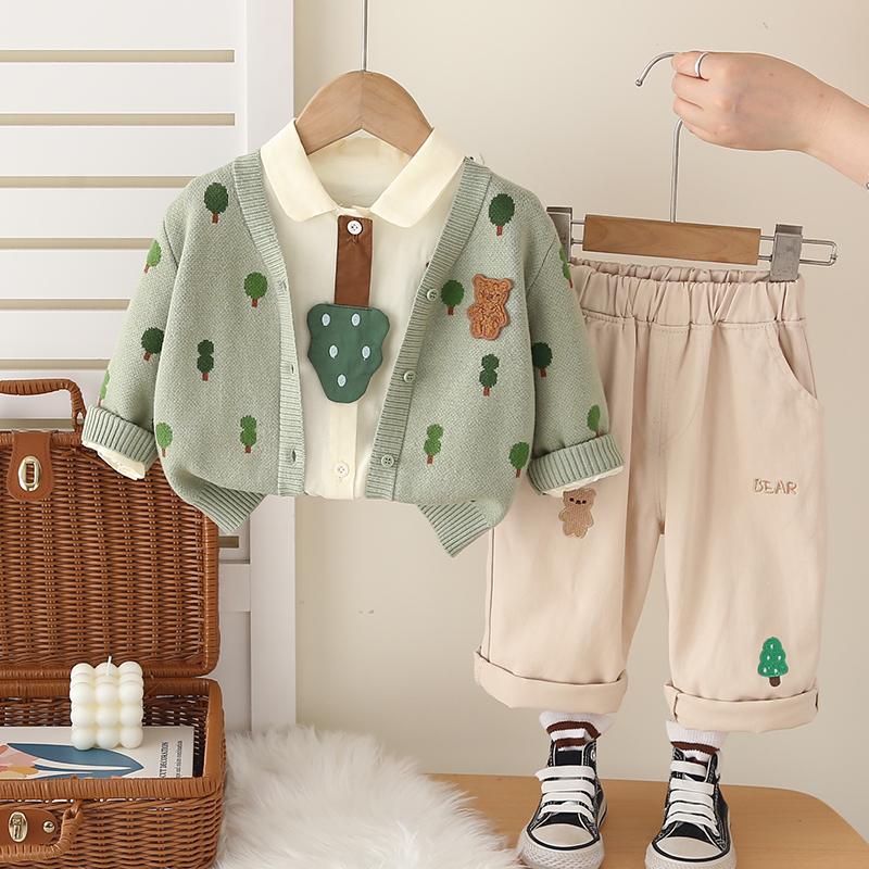 Boys' Long Sleeved 3-piece Set, Autumn and Winter Boys' Cartoon Printed Knitted Jacket, Casual Shirt+long Pants Set, High-quality Clothes