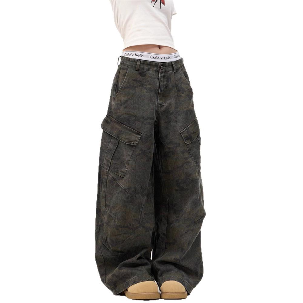 Unisex Retro Camouflage Scimitar Jeans with Multi-Pocket Design - Perfect for Spring and Autumn Casual Wear.