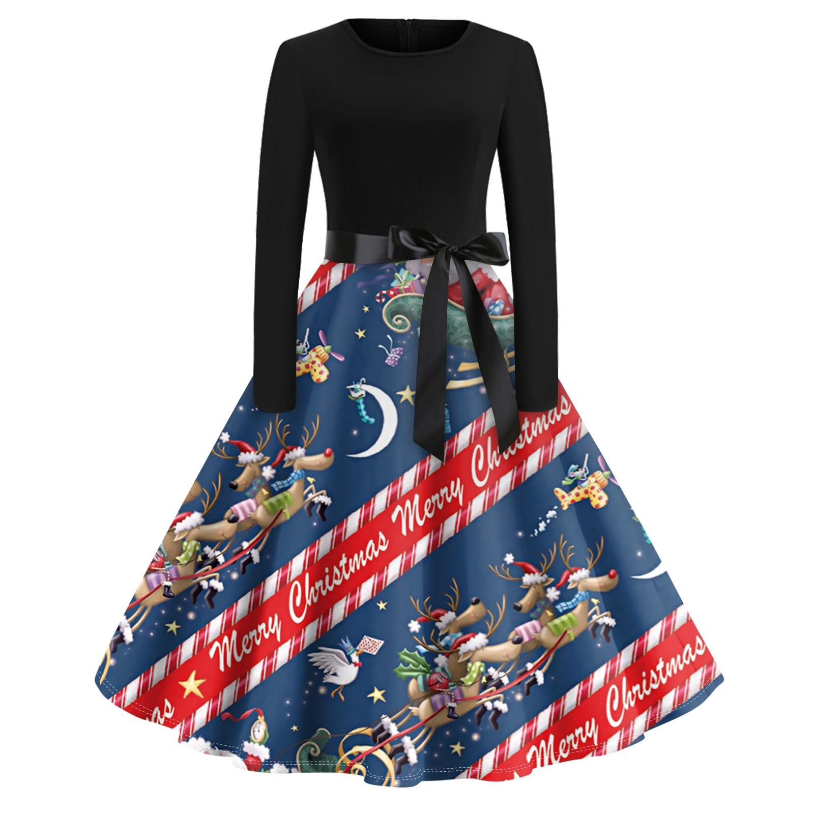 

Рождественское платье с расклешенным принтом для женщин, платье с круглым вырезом и длинными рукавами, повседневные платья S синий