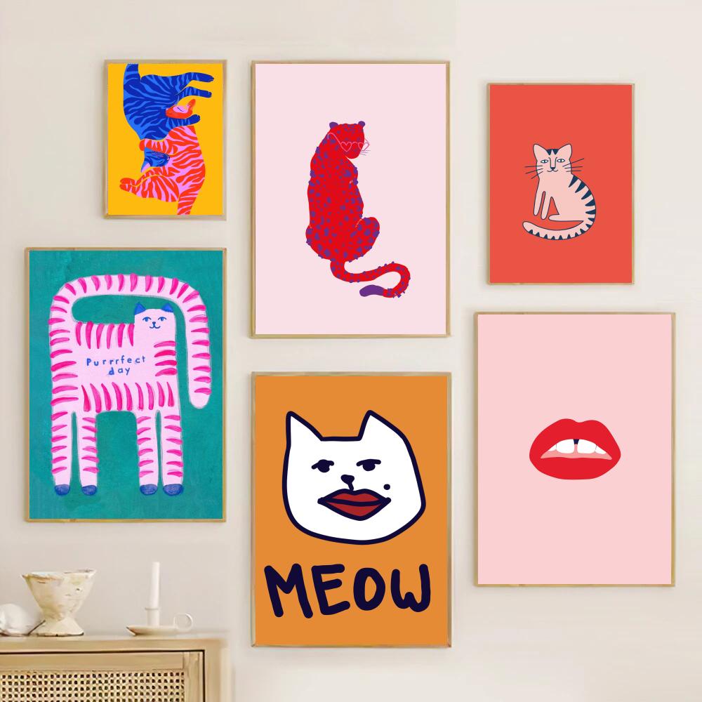 Cartoon Cat Mood Body Moon Lady Poster Retro Print Paper Waterproof High Quality Sticker Home Living Room Bar Wall Decor