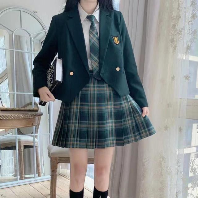 Authentic JK Style Women's School Uniform Set: Plaid Skirt & Jacket